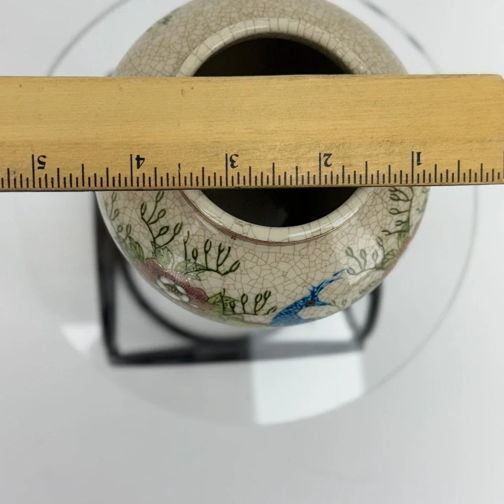 Vintage Kutani Porcelain Crackle Glaze Vase Peacock Floral Gold Trim Asian Style